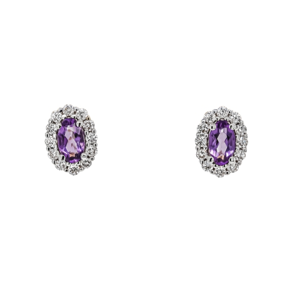 9ct White Gold Oval .68cts Amethyst and Diamond Cluster Stud Earrings