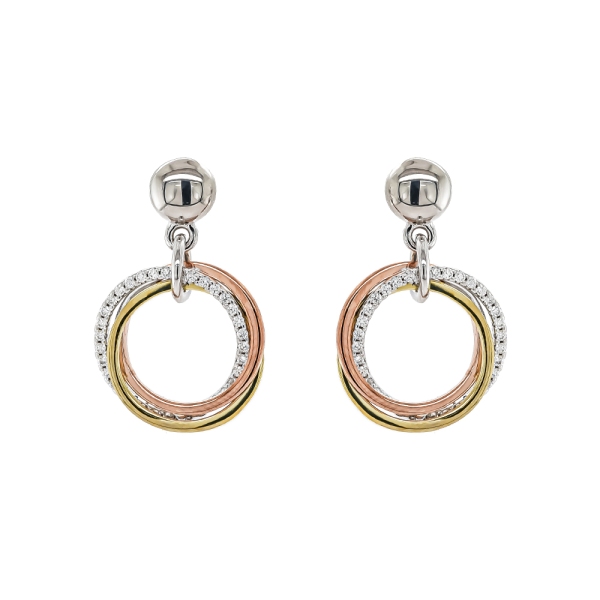 9ct Yellow, Rose & White Gold Diamond Entwined Circle Drop Earrings 