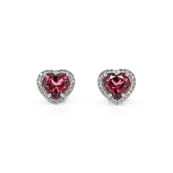 9ct White Gold Diamond & Pink Rhodolite Heart Cluster Stud Earrings 