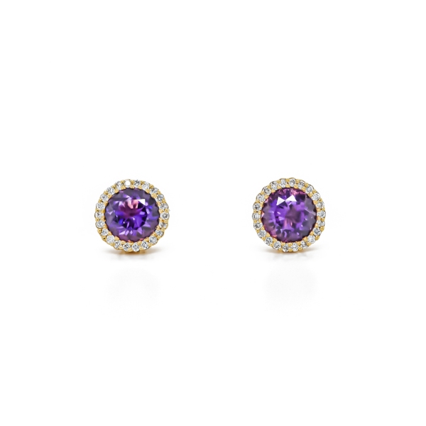 18ct Yellow Gold Round Diamond & Amethyst Cluster Stud Earrings 