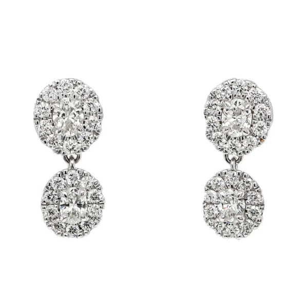 18ct White Gold Brilliant & Oval Cluster Drop Earrings