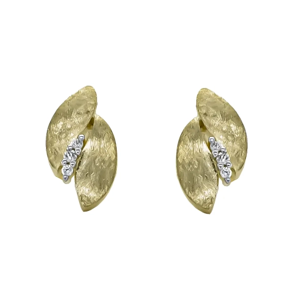 9ct Yellow Gold Diamond Set Double Leaf Stud Earrings
