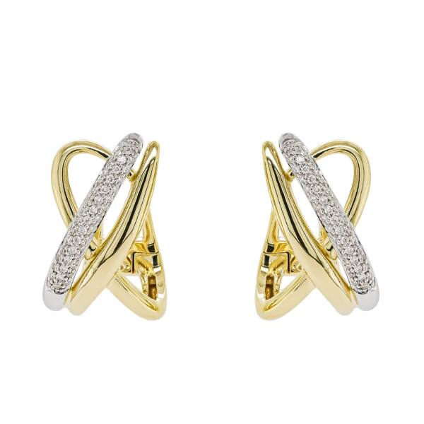 9ct Yellow & White Gold Brilliant Cut Diamond Cross Over Hoop Earrings