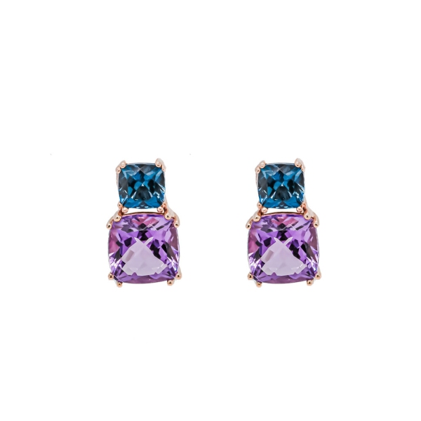 9ct Rose Gold Blue Topaz and Amethyst Dropper Earrings