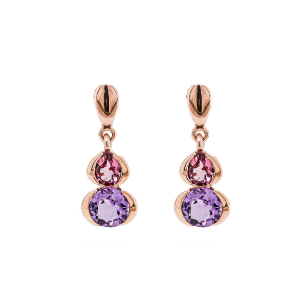 9ct Rose Gold Amethyst and Pink Rhodolite Dropper Earrings