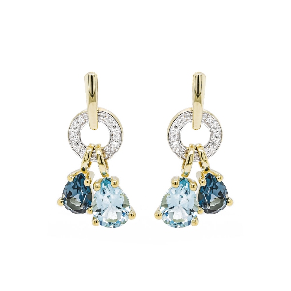 9ct Yellow Gold Diamond with Dark Blue and Sky Blue Topaz Dropper Earrings