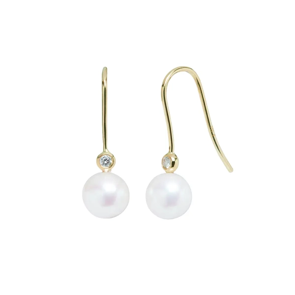 18ct Yellow Gold Cultured River Pearl & Diamond Hook Earrings 