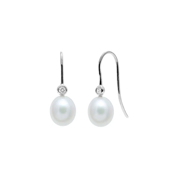 18ct White Gold Cultured River Pearl & Diamond Drop Hook Earrings