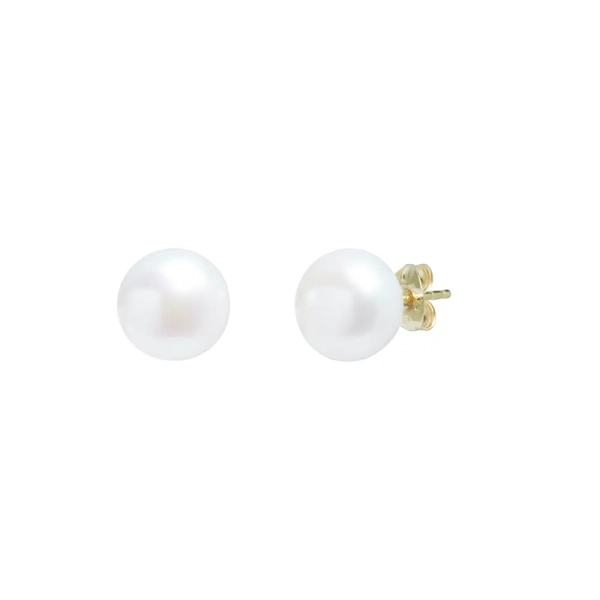 9ct Yellow Gold White Button Cultured River Pearl Stud Earrings