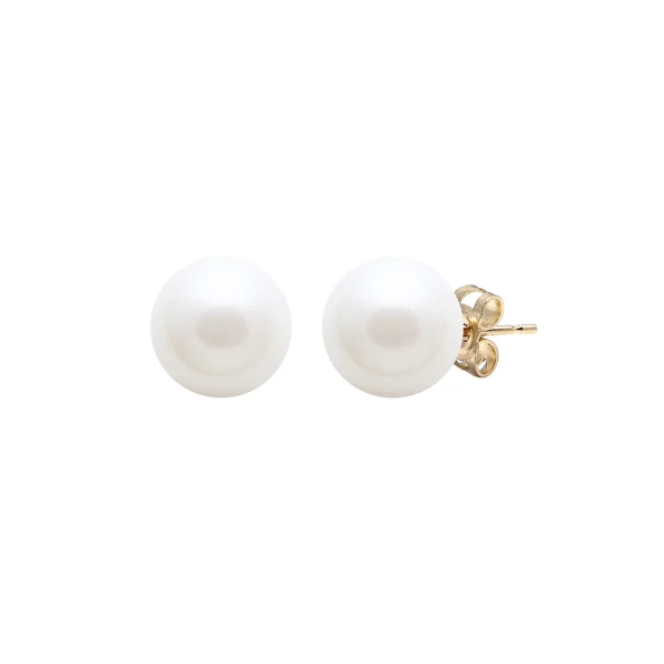9ct Yellow Gold White Cultured River Pearl Stud Earrings 9mm