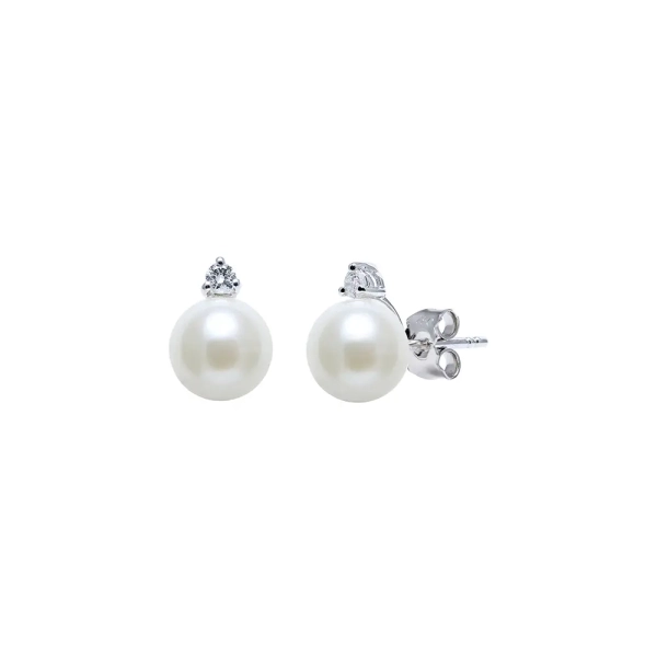 18ct White Gold Cultured River Pearl & Diamond Stud Earrings