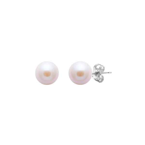 9ct White Gold Pink Round Cultured River Pearl Stud Earrings