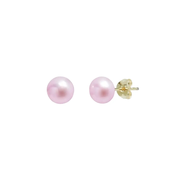 9ct Yellow Gold Pink Button Shaped Cultured River Pearl Studs