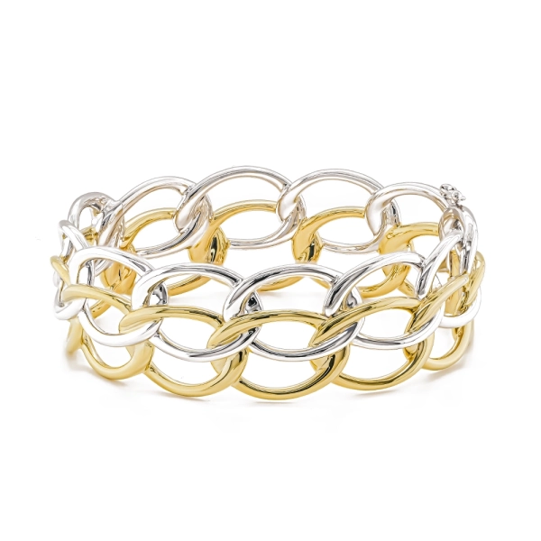 Silver & Yellow Gold Plated Double Oval Loop Row Bangle