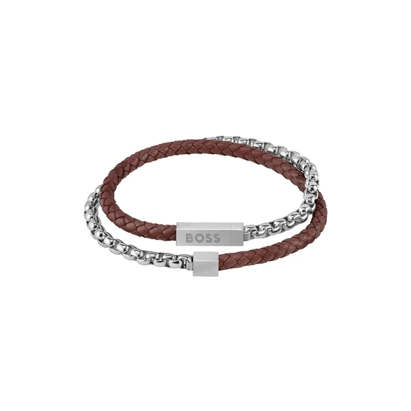 BOSS Steel and Leather Double Wrap Bracelet 1580149M