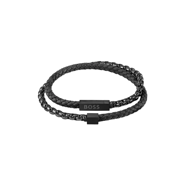 BOSS Black Steel and Black Leather Double Wrap Bracelet 1580150M