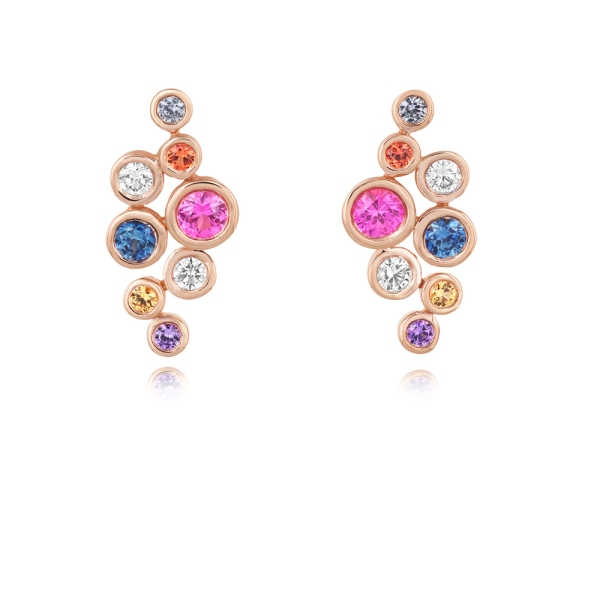 18ct Rose Gold Multi Coloured Sapphire and Diamond Bubble Drop Earrings 