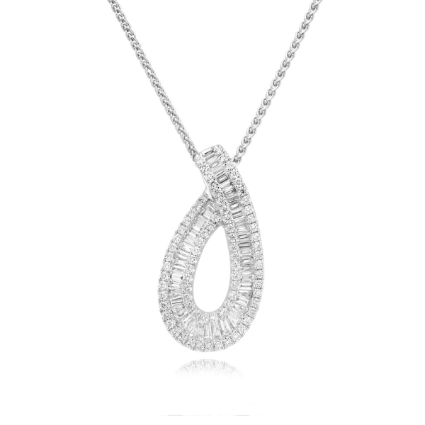 18ct White Gold Open Loop Baguette Pendant and Chain .70cts