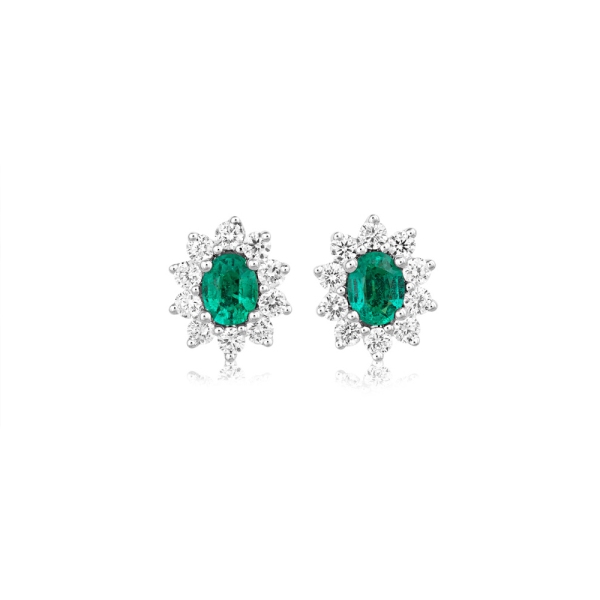 18ct White Gold Oval Emerald and Diamond Cluster Earrings 
