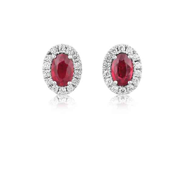 18ct White Gold Oval Ruby and Diamond Cluster Earrings