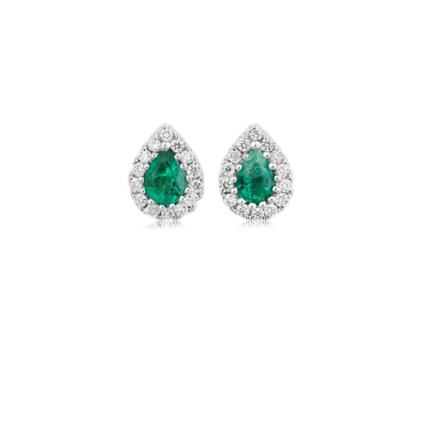 18ct White Gold Pear Shaped Emerald and Diamond Cluster Earrings  
