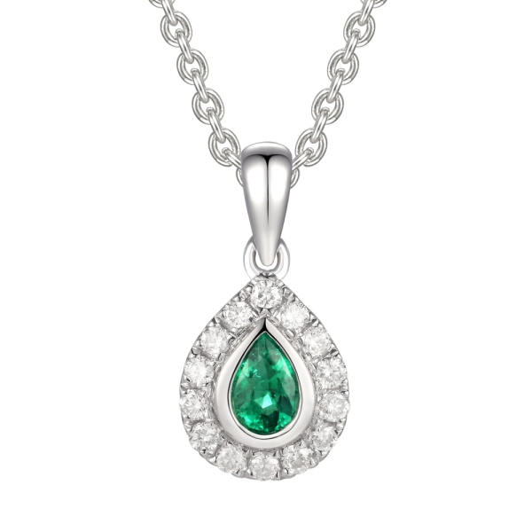 18ct White Gold Pear Shaped Emerald and Diamond Cluster Pendant