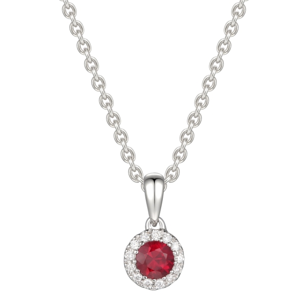18ct White Gold Round Ruby and Diamond Cluster Pendant
