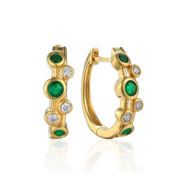 18ct Yellow Gold Emerald and Diamond Bubble Hoop Earrings