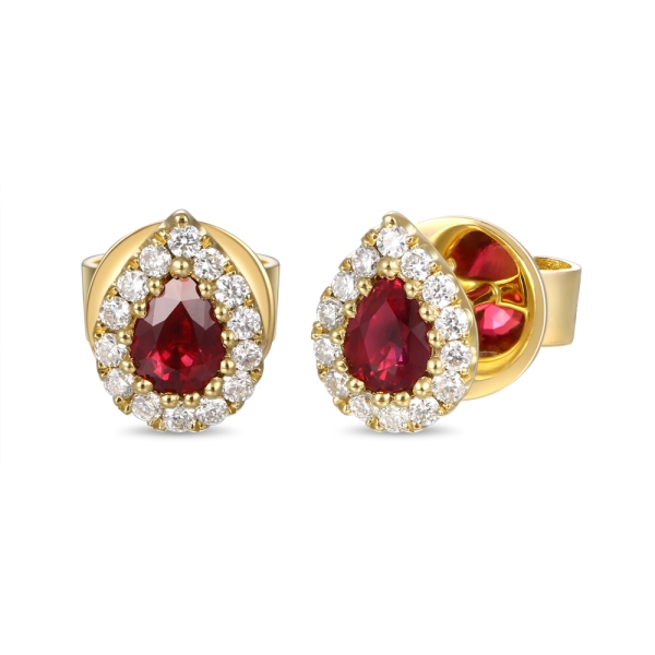 18ct Yellow Gold Pear Shaped Ruby and Diamond Cluster Earrings 