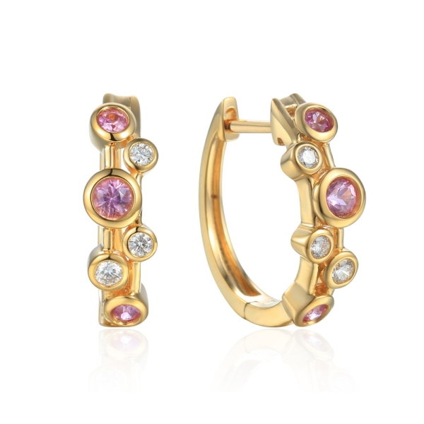 18ct Yellow Gold Pink Sapphire and Diamond Hoop Earrings 