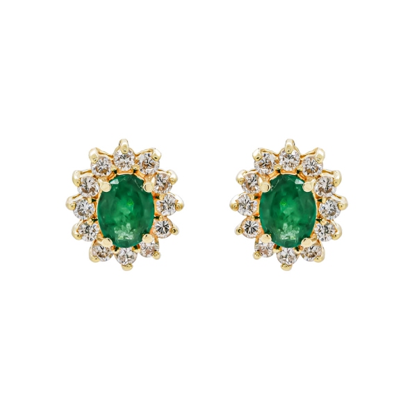 Pre-Owned 18ct Yellow Gold Emerald and Diamond Cluster Earrings