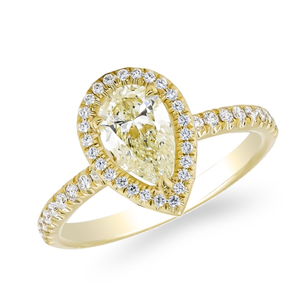 18ct Yellow Gold Fancy Yellow Pear Shaped Diamond with Diamond Halo Surround