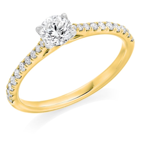 18ct Yellow and White Round Diamond with Diamond Shoulders Ring .66cts