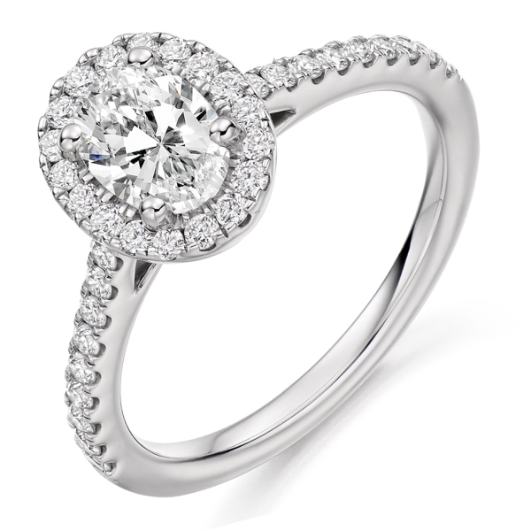 Platinum Oval Halo Ring With Diamond Set Shoulders Total 1.10cts