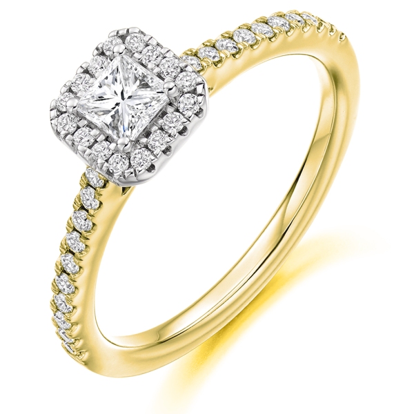 18ct Yellow and White Gold Princess Cut Diamond Halo Ring .60cts