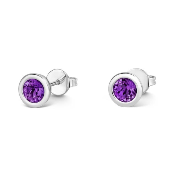 18ct White Gold Round Amethyst Rub Over Stud Earrings