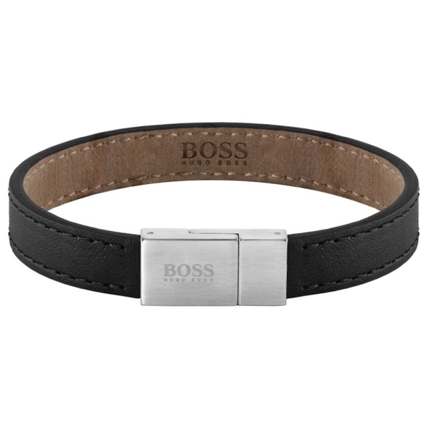 Hugo Boss Essential Black Leather and Steel Bracelet 1580033M