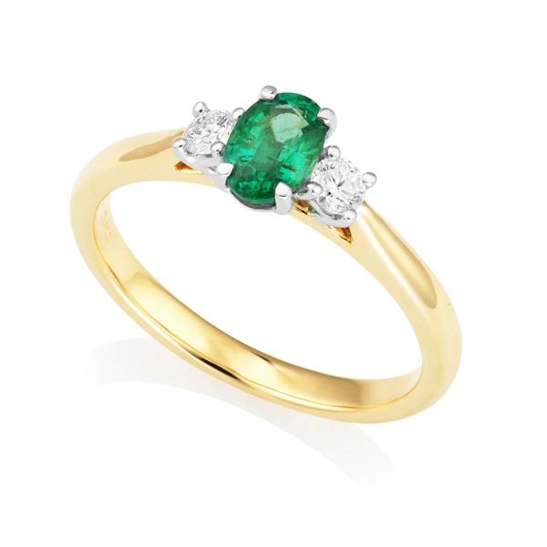 18ct Yellow Gold Oval Emerald and Two Diamond Ring