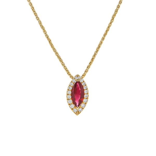 18ct Yellow Gold Marquise Ruby and Diamond Cluster Pendant with 16" Chain