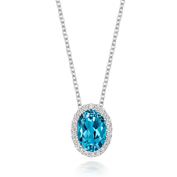 18ct White Gold Oval Blue Topaz and Diamond Necklace  with 18" Chain