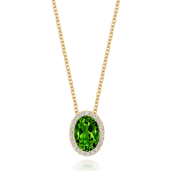 18ct Yellow Gold Oval Peridot and Diamond Cluster Pendant on 18" Chain