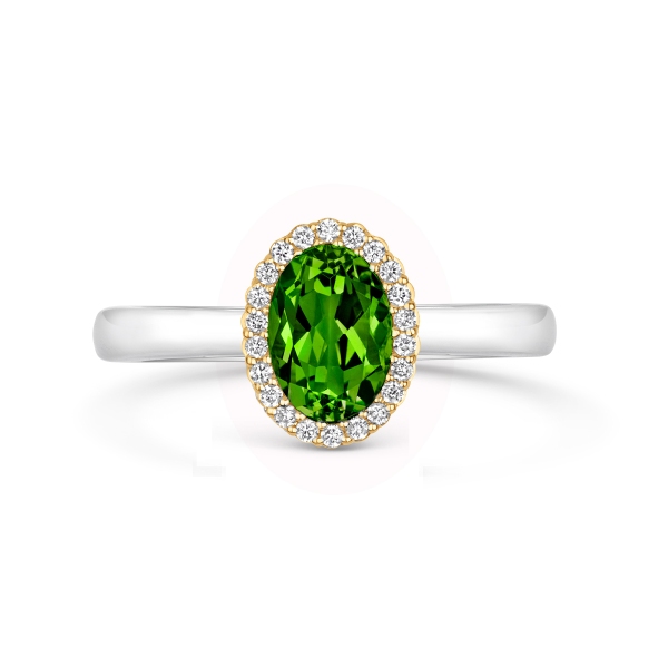 18ct White Gold Oval Peridot with Diamond Cluster Surround Ring 