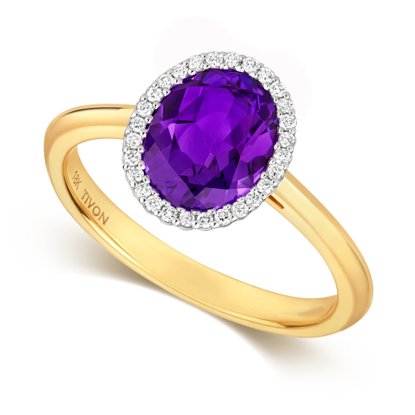 18ct Yellow and White Gold Oval Amethyst and Diamond Cluster Ring