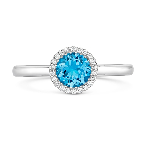 18ct White Gold Round Blue Topaz and Diamond Cluster Ring