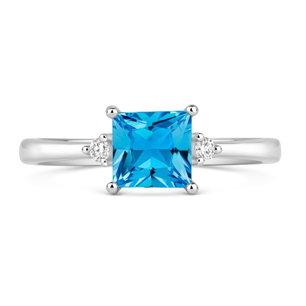 18ct White Gold Princess Cut Blue Topaz and Two Diamond Dress Ring