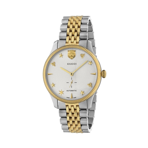 Gucci G-Timeless Steel and Yellow Automatic Silver Dial Watch YA126356