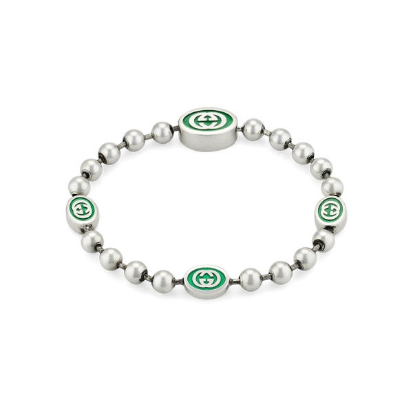 Gucci Silver & Green Enamel Interlocking G Bracelet YBA701609001