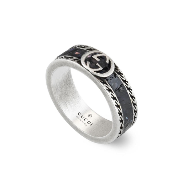 Gucci Silver Interlocking G Black Enamel Ring 6mm